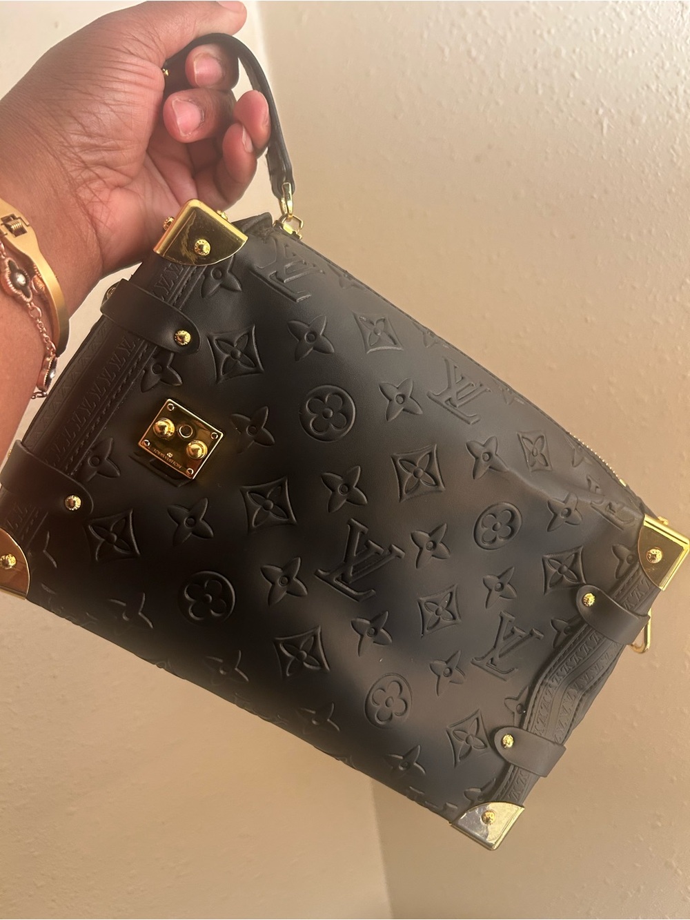 Louis Vuitton Black Embossed Monogram Trunk-Style Top Handle Bag